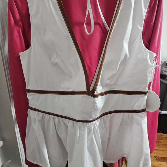 Staud Trent Peplum Top, Size 12 - WhiteFaux-leather piping out - Picture 6 of 8